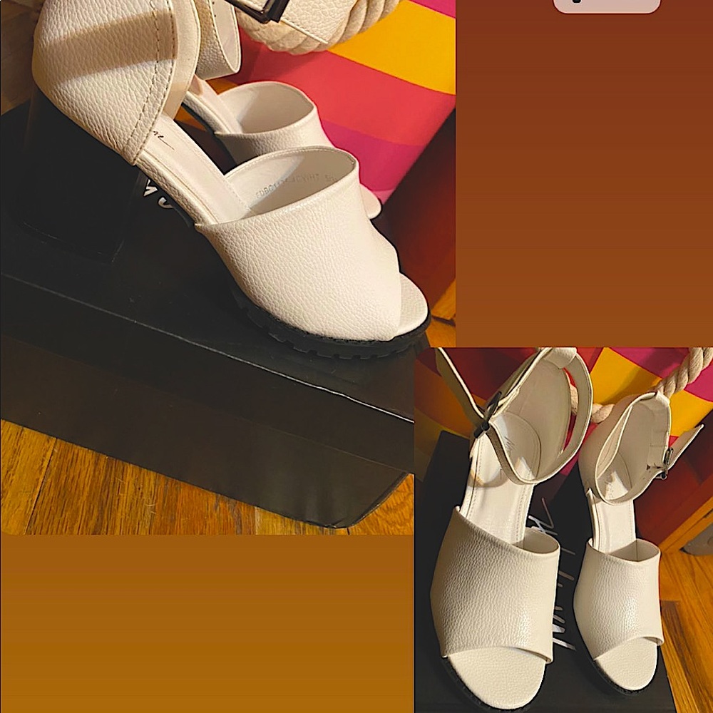 White Sandal with short black block heel